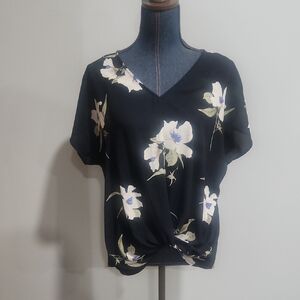 West Kei Navy and White Short Sleeve Tie Front Blouse